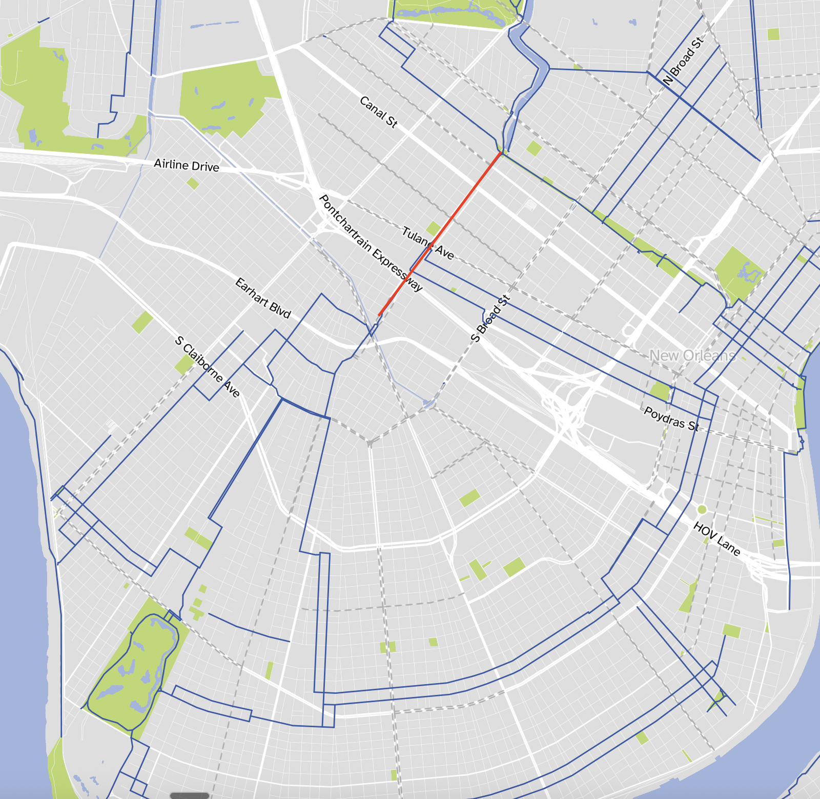 Bike Streets app map showing the New Orleans cycling network with NCF Parkway highlighted in red as the central north-south corridor